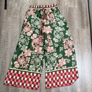 Floral Green and Red extra wide leg long Pants